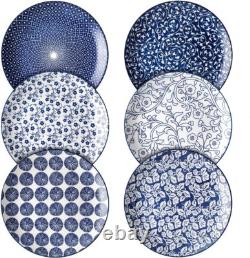 10 inch Porcelain Dinner Plates, Large Size Serving Plate Set of 6 Vintage Blue