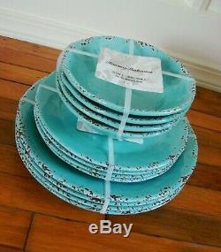 12PC Tommy Bahama Melamine 4 Dinner Salad Plate Bowl Set Turquoise Rustic Tuscan