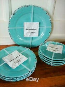 12PC Tommy Bahama Melamine 4 Dinner Salad Plate Bowl Set Turquoise Rustic Tuscan