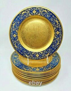 12 Antique Encrusted Service Dinner Plates Crown Staffordshire Blue Gold