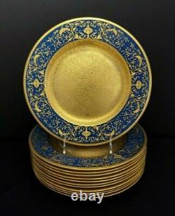 12 Antique Encrusted Service Dinner Plates Crown Staffordshire Blue Gold