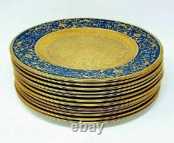 12 Antique Encrusted Service Dinner Plates Crown Staffordshire Blue Gold