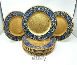 12 Antique Encrusted Service Dinner Plates Crown Staffordshire Blue Gold