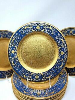 12 Antique Encrusted Service Dinner Plates Crown Staffordshire Blue Gold