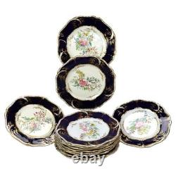 12 Antique English Cobalt Blue & Gilt Porcelain Plates C1900