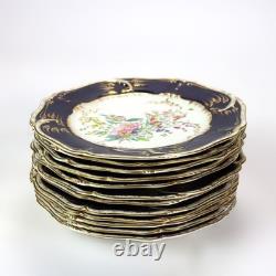 12 Antique English Cobalt Blue & Gilt Porcelain Plates C1900