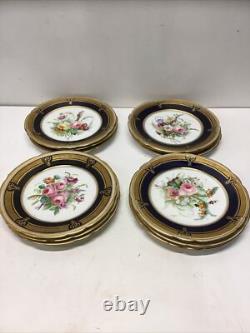 12 Antique Hand Painted Floral Colbalt Blue, Gilted Gold A. B. Pearce Ludgate Hill