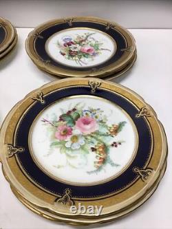 12 Antique Hand Painted Floral Colbalt Blue, Gilted Gold A. B. Pearce Ludgate Hill