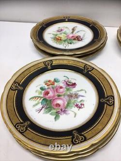 12 Antique Hand Painted Floral Colbalt Blue, Gilted Gold A. B. Pearce Ludgate Hill