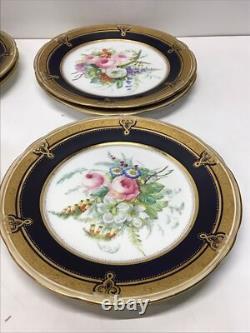 12 Antique Hand Painted Floral Colbalt Blue, Gilted Gold A. B. Pearce Ludgate Hill