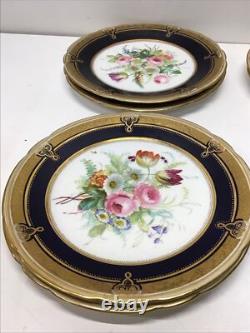 12 Antique Hand Painted Floral Colbalt Blue, Gilted Gold A. B. Pearce Ludgate Hill