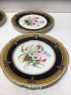 12 Antique Hand Painted Floral Colbalt Blue, Gilted Gold A. B. Pearce Ludgate Hill