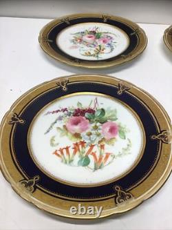 12 Antique Hand Painted Floral Colbalt Blue, Gilted Gold A. B. Pearce Ludgate Hill
