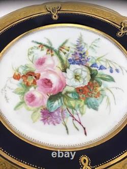 12 Antique Hand Painted Floral Colbalt Blue, Gilted Gold A. B. Pearce Ludgate Hill