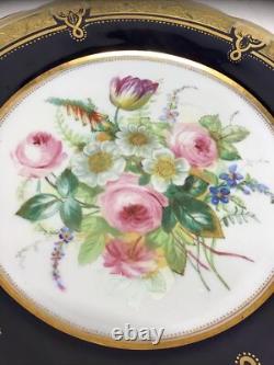 12 Antique Hand Painted Floral Colbalt Blue, Gilted Gold A. B. Pearce Ludgate Hill