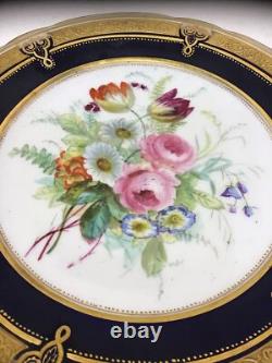 12 Antique Hand Painted Floral Colbalt Blue, Gilted Gold A. B. Pearce Ludgate Hill