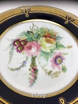 12 Antique Hand Painted Floral Colbalt Blue, Gilted Gold A. B. Pearce Ludgate Hill
