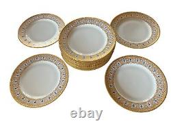 12 Antique Jean Pouyat Limoges Dinner Plates, Gold Encrusted & Small Blue Flower