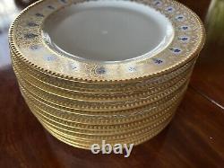 12 Antique Jean Pouyat Limoges Dinner Plates, Gold Encrusted & Small Blue Flower