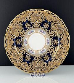 12 Antique Limoges Cobalt Blue and Gilt Dinner Plates in Arabesque Design c1900