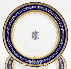 12 Antique Minton Porcelain Dinner Plates Cobalt Encrusted Monogram