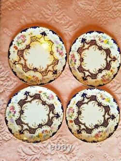 12 Cauldon Hand-Painted Botanical Dessert Gold & Cobalt Plates 1900-1909