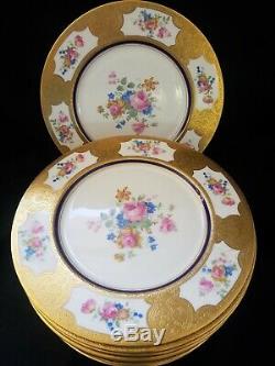 (12) Dinner Plates Concorde China Blue Raised Gold Encrusted Floral