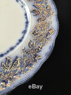 12 Dinner Plates Sevres Flow Blue with Gold New Wharf Pottery England