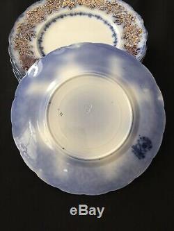 12 Dinner Plates Sevres Flow Blue with Gold New Wharf Pottery England