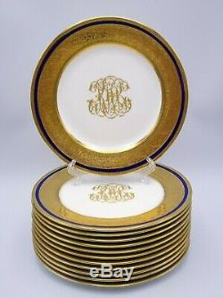 12 Elaborate Royal Doulton Dinner Plates Cobalt Gold Encrusted Raised Scrollwork