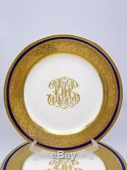 12 Elaborate Royal Doulton Dinner Plates Cobalt Gold Encrusted Raised Scrollwork