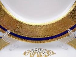 12 Elaborate Royal Doulton Dinner Plates Cobalt Gold Encrusted Raised Scrollwork