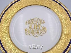 12 Elaborate Royal Doulton Dinner Plates Cobalt Gold Encrusted Raised Scrollwork