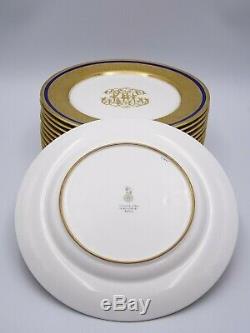 12 Elaborate Royal Doulton Dinner Plates Cobalt Gold Encrusted Raised Scrollwork