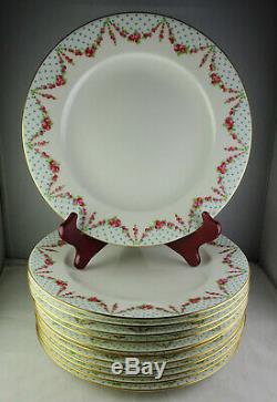 12 George Jones #14695 China Dinner Plates Blue Dots with Pink Rose Swags