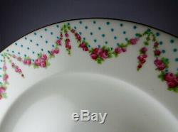 12 George Jones #14695 China Dinner Plates Blue Dots with Pink Rose Swags