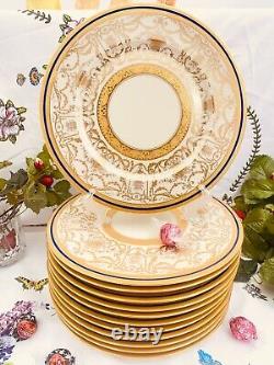 12 Heinrich Selb Bavaria 22k Gold Encrusted Blue Band 11 Dinner Plates Art Deco