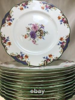 (12) ROYAL DOULTON Rose, Tulips & Green Enameled Rim 10 Inch DINNER PLATES