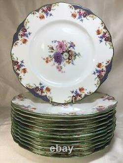 (12) ROYAL DOULTON Rose, Tulips & Green Enameled Rim 10 Inch DINNER PLATES