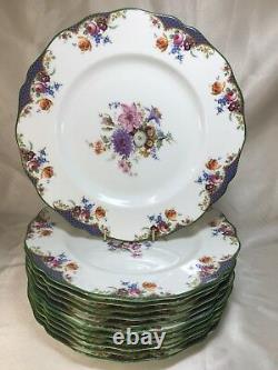 (12) ROYAL DOULTON Rose, Tulips & Green Enameled Rim 10 Inch DINNER PLATES