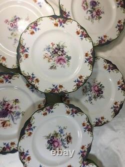 (12) ROYAL DOULTON Rose, Tulips & Green Enameled Rim 10 Inch DINNER PLATES