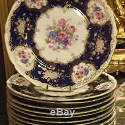 12 Rare Vintage Cobalt Blue Floral Gold Filigree Dinner Plates Czechoslovakia