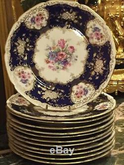 12 Rare Vintage Cobalt Blue Floral Gold Filigree Dinner Plates Czechoslovakia