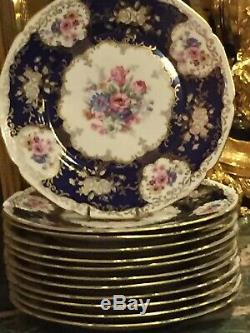 12 Rare Vintage Cobalt Blue Floral Gold Filigree Dinner Plates Czechoslovakia