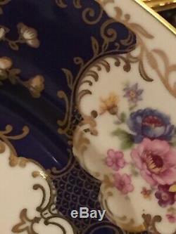 12 Rare Vintage Cobalt Blue Floral Gold Filigree Dinner Plates Czechoslovakia