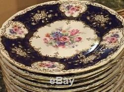 12 Rare Vintage Cobalt Blue Floral Gold Filigree Dinner Plates Czechoslovakia