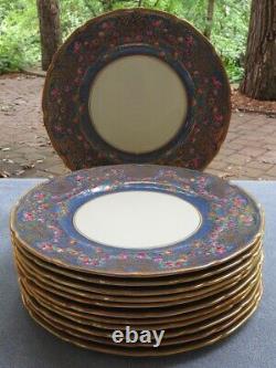 12 Royal Doulton Presentation Dinner Plates Powder Blue w Roses Heavy Gold Mint