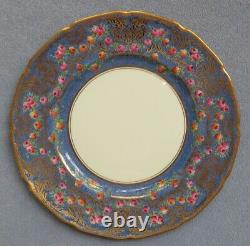 12 Royal Doulton Presentation Dinner Plates Powder Blue w Roses Heavy Gold Mint