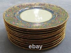 12 Royal Doulton Presentation Dinner Plates Powder Blue w Roses Heavy Gold Mint