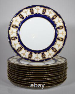 12 Royal Doulton Raised Paste Gold & Cobalt Dinner Plates, Circa 1925